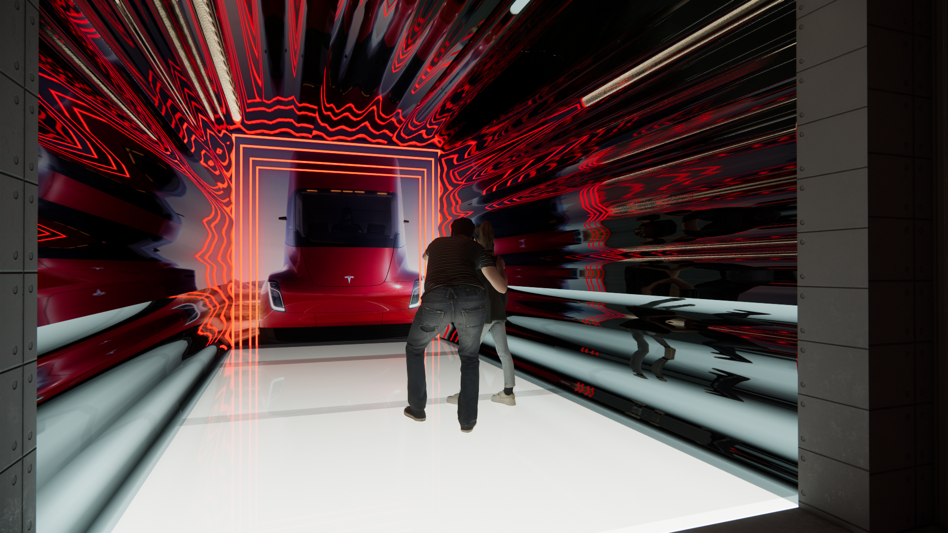People viewing a red Tesla electric vehicle inside a futuristic, illuminated display room with reflective black and red walls and a glowing red rectangular frame.