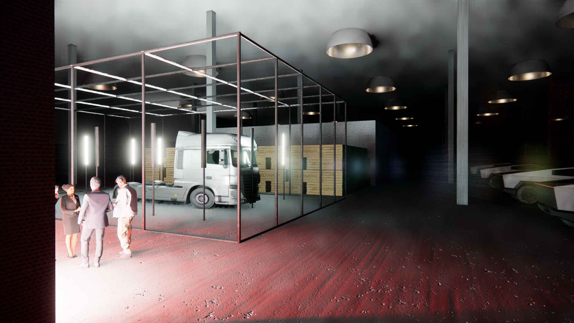 Interior of a modern warehouse or showroom with a large truck, parked cars, and people conversing near the truck, with storage boxes in the background and overhead lighting.