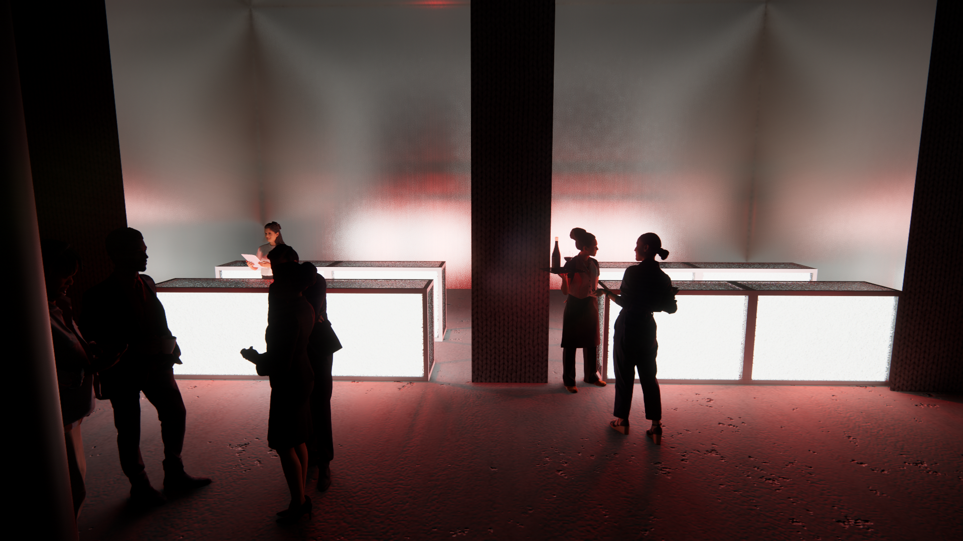 People socializing at an illuminated bar with a modern, minimalist design, featuring glowing white counters and a textured wall partition.