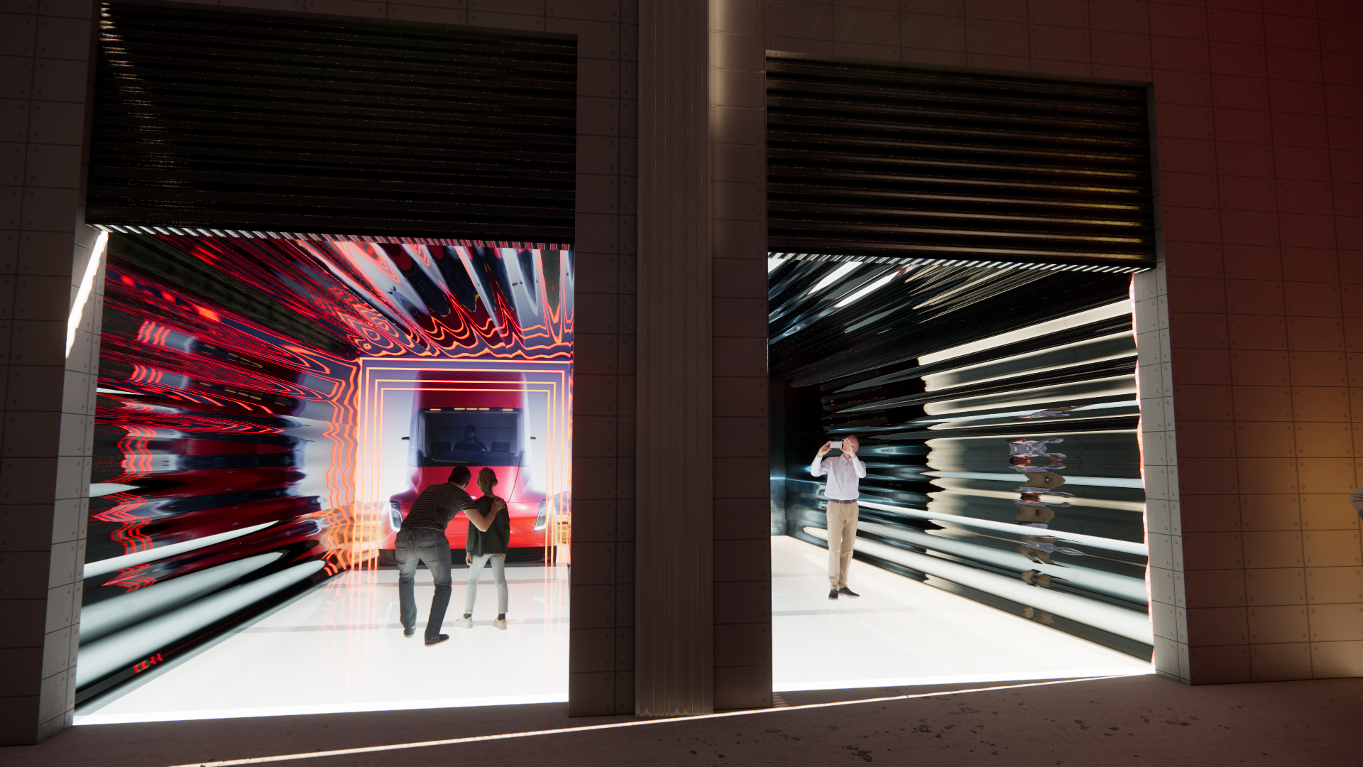 Two people observe a red concept car inside a structure with dynamic, colorful digital art on the walls, and a person taking a photo nearby.