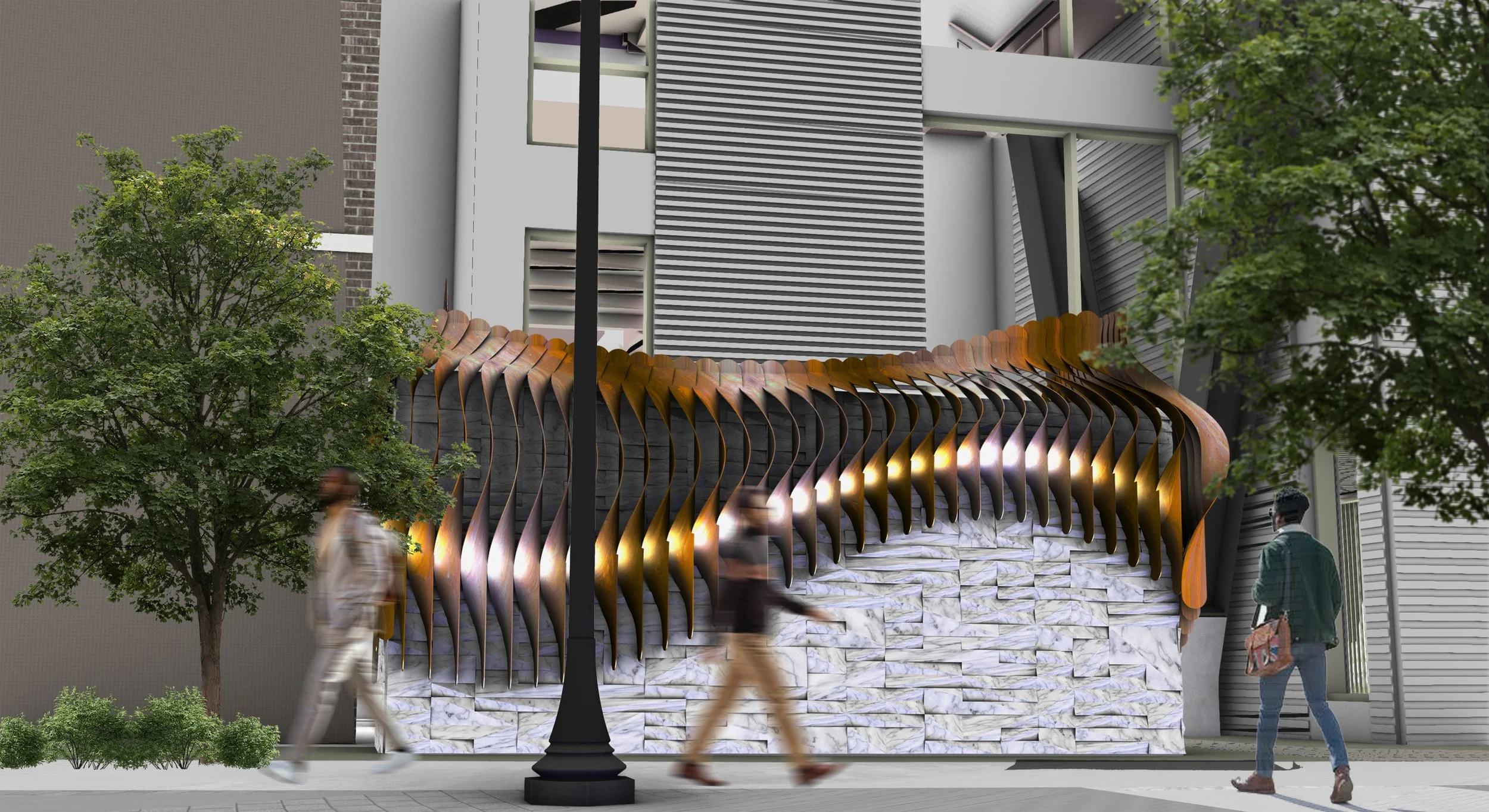 Modern building with unique wooden architectural feature, surrounded by trees and pedestrians on the sidewalk.