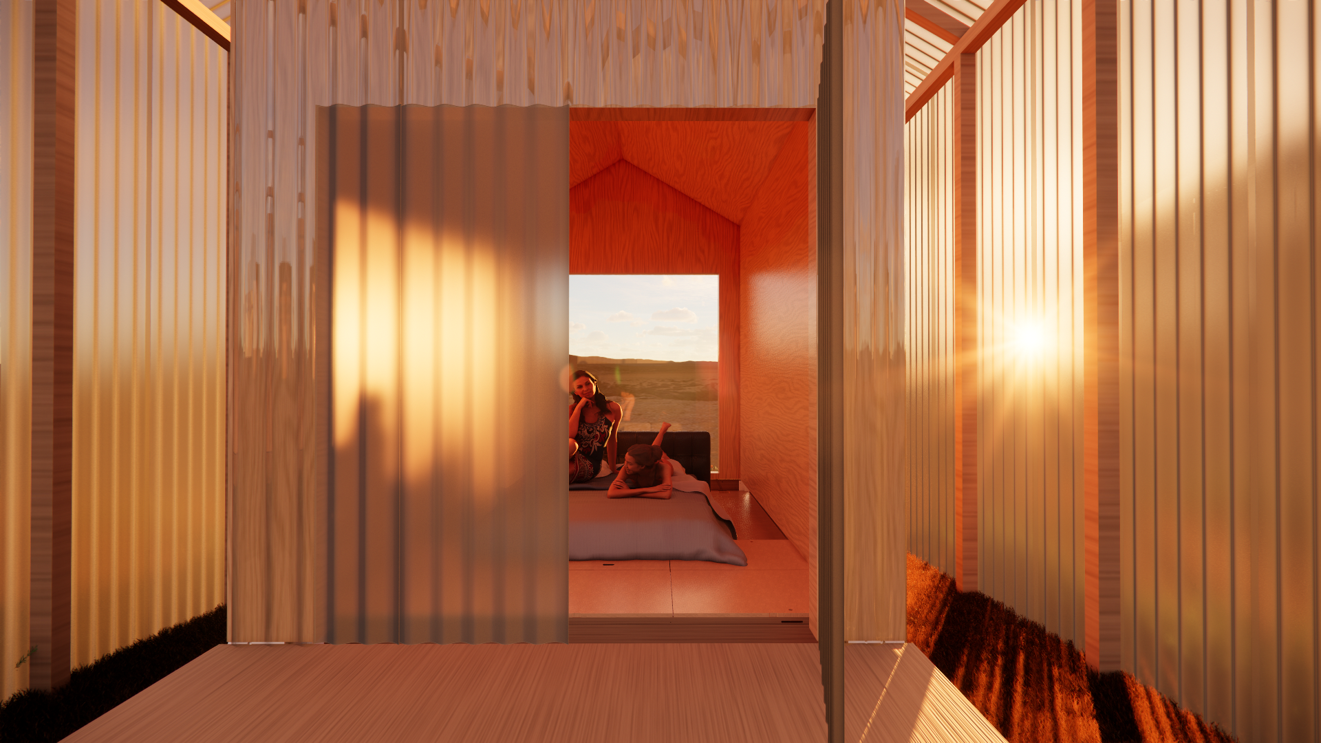 View through a futuristic, semi-transparent balcony toward a small wooden room with a bed. Inside, a woman and a child are sitting on the bed, enjoying sunset views of an open landscape.