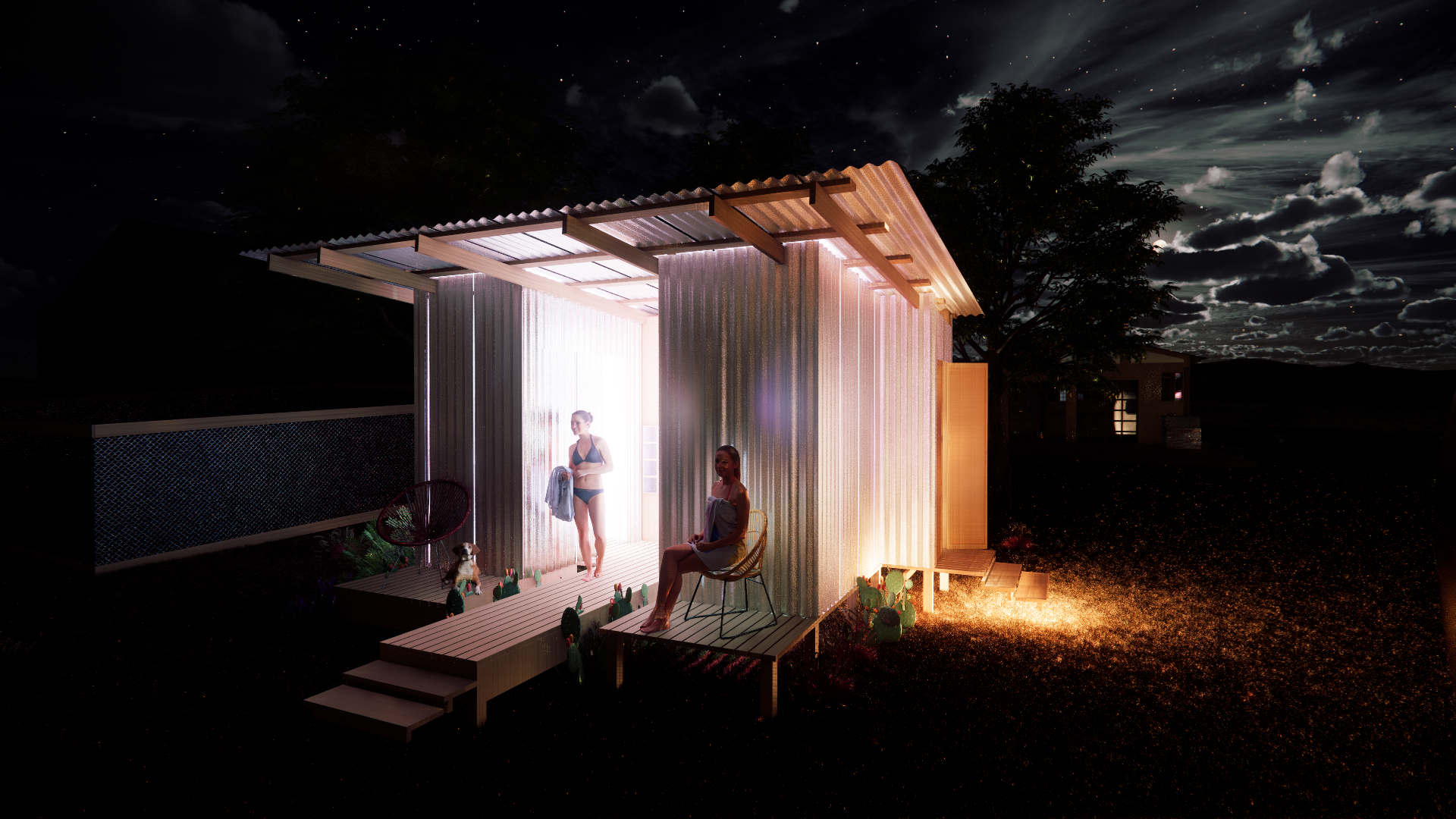 Nighttime scene of a small, modern open-front shed with corrugated metal walls and wooden roof. Two women are inside; one standing in swimwear holding a towel, and one seated on a chair wrapped in a towel. A dog is on the porch near decorated plants,