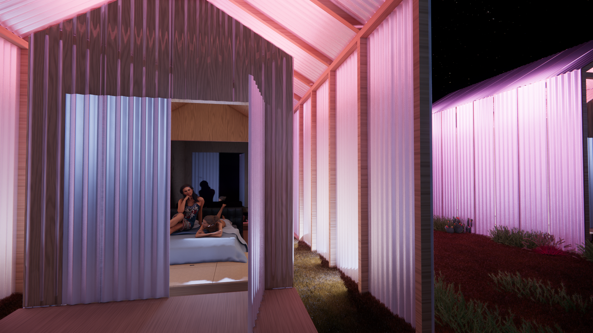 A woman and a girl lying on a bed inside a minimalist, modern house with pink and purple lighting, surrounded by corrugated metal walls and a grassy outdoor area at night.