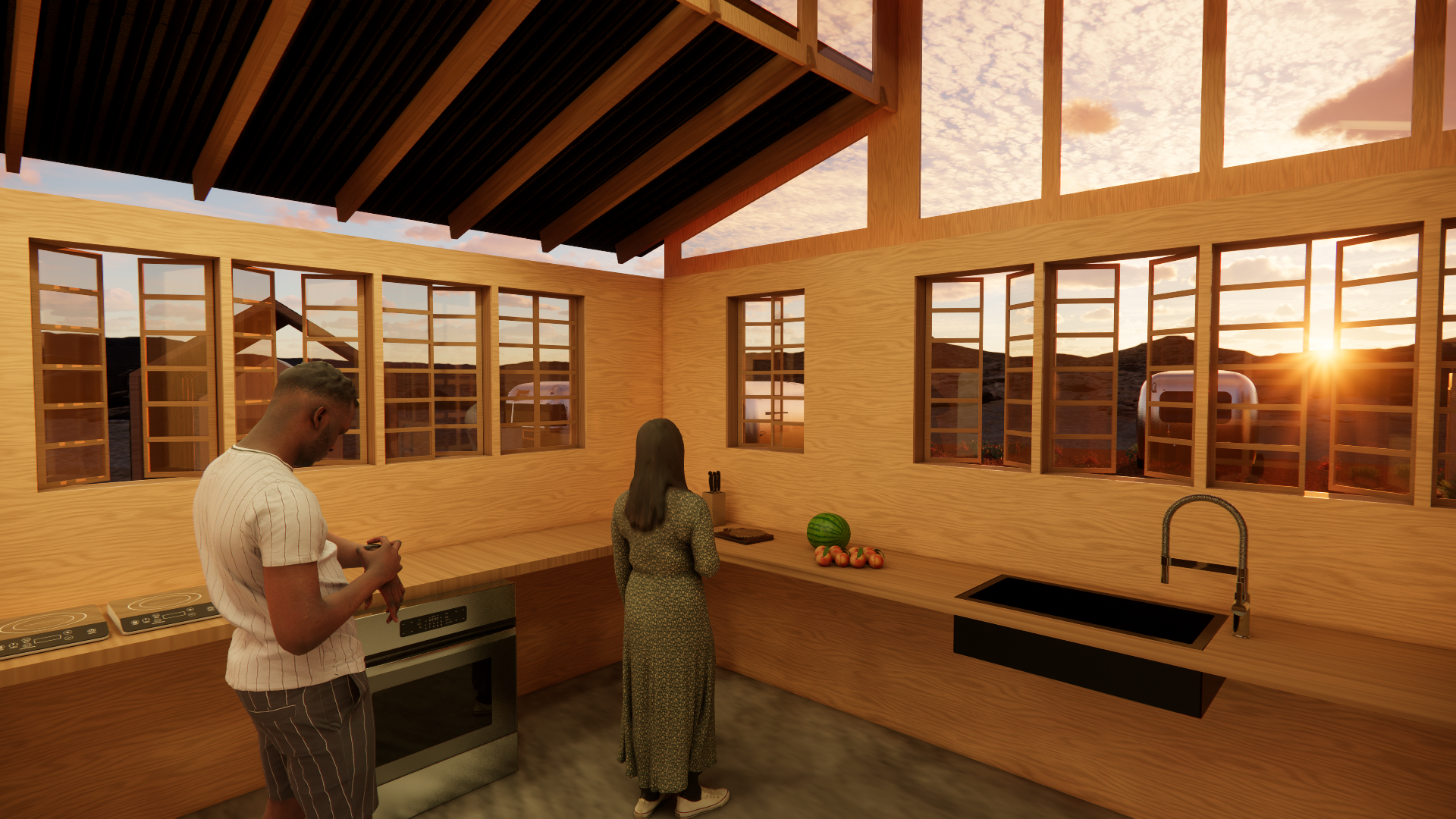 Rendering of an interior wooden kitchen with large windows showing a sunset landscape. Two people are present: a man in a striped shirt preparing food at the stove, and a woman with long dark hair looking at a block of food on the countertop. There a