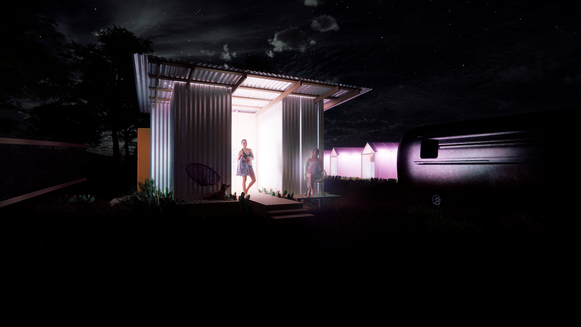 Nighttime scene of a small, illuminated metal house with two women and a dog outside, next to a trailer, under a starry sky.