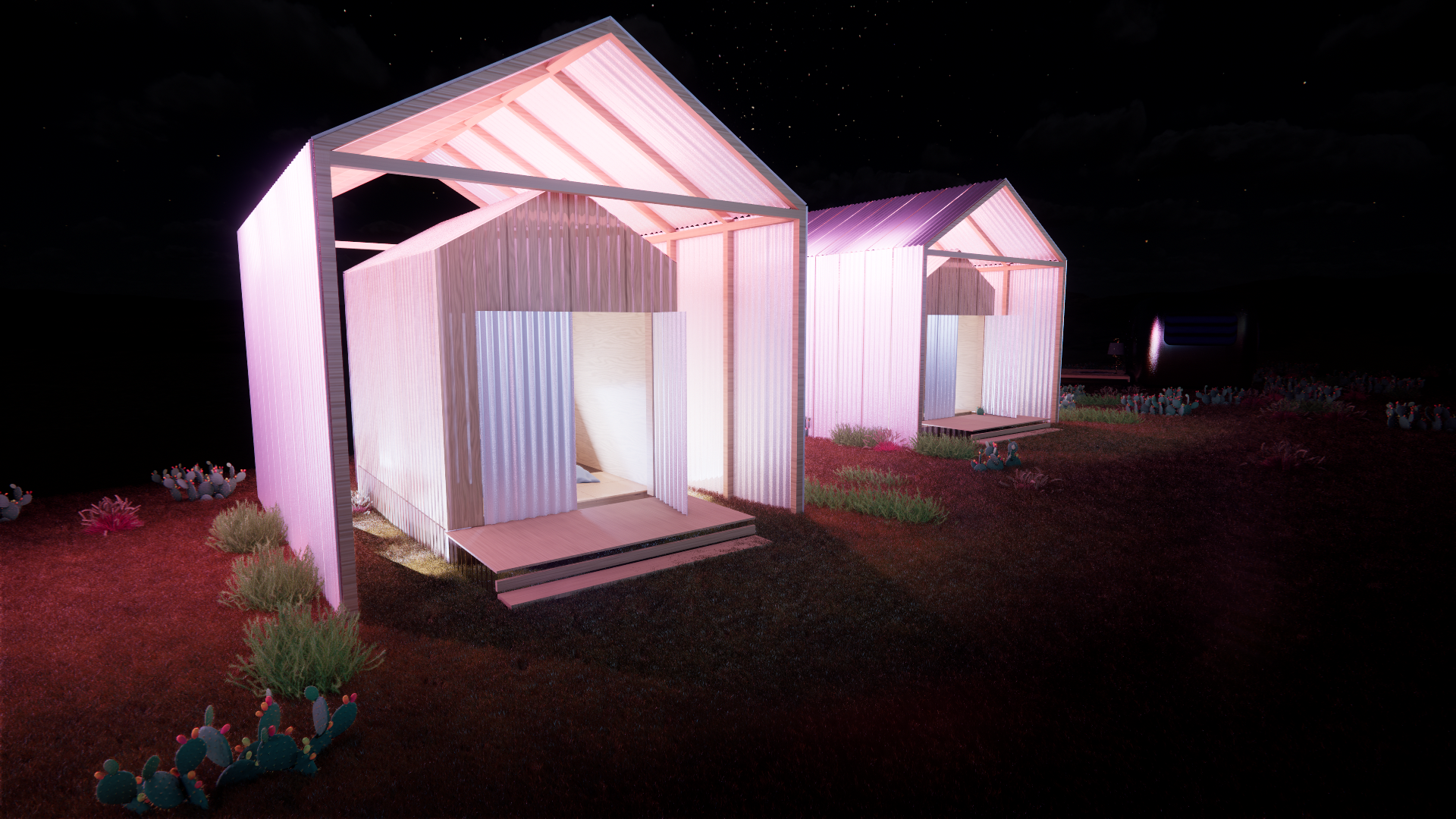 Night view of two modern, illuminated tiny houses with open front doors, surrounded by desert plants, under a starry sky.