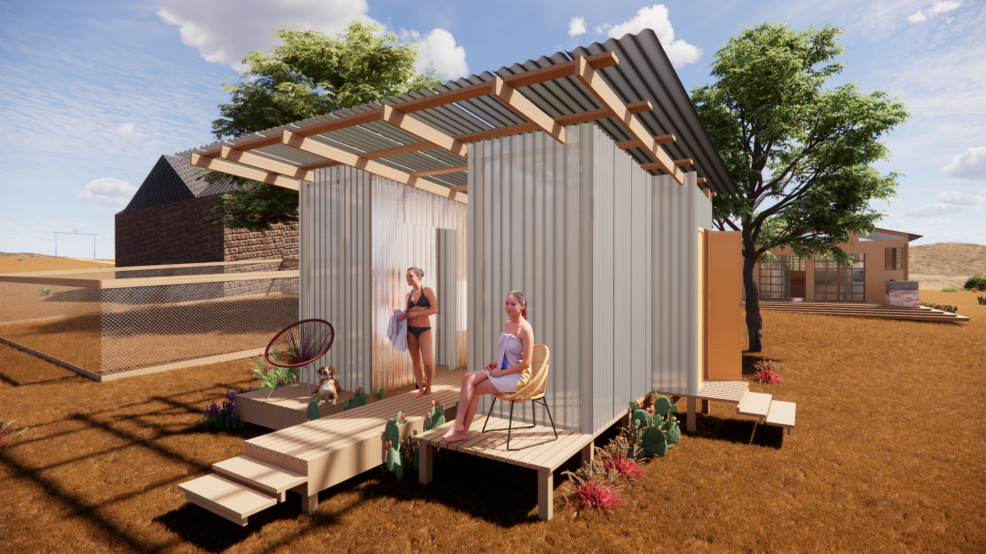 A modern, eco-friendly tiny house with corrugated metal walls, wooden accents, and a metal roof. Two women are relaxing outside, one sitting on a chair wrapped in a towel, the other standing and holding a towel, with a small dog and colorful cacti ne