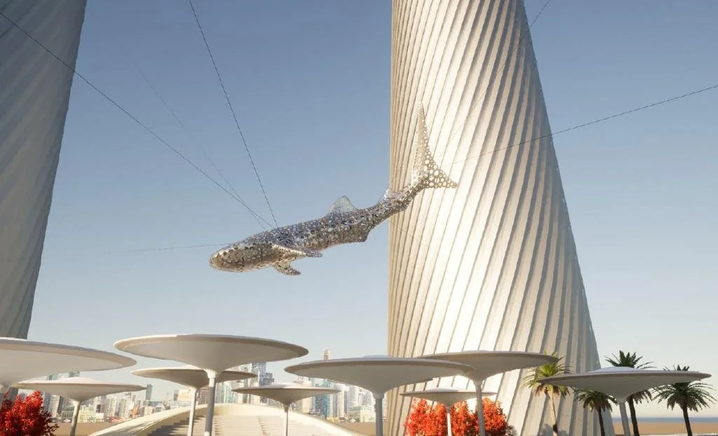 Futuristic cityscape with tall, spiraling skyscrapers, a whale-shaped sculpture suspended in the sky, and modern, circular building structures.