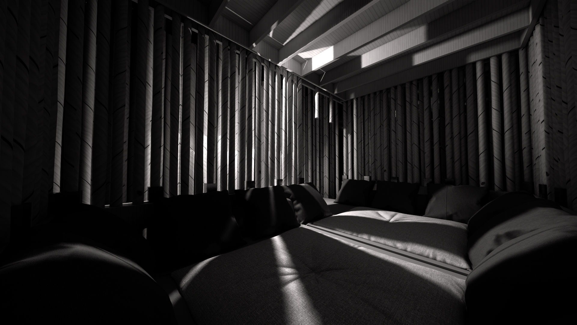 Interior of a modern room with black cushions on a couch, surrounded by wooden slat walls, with sunlight coming through small windows near the ceiling.