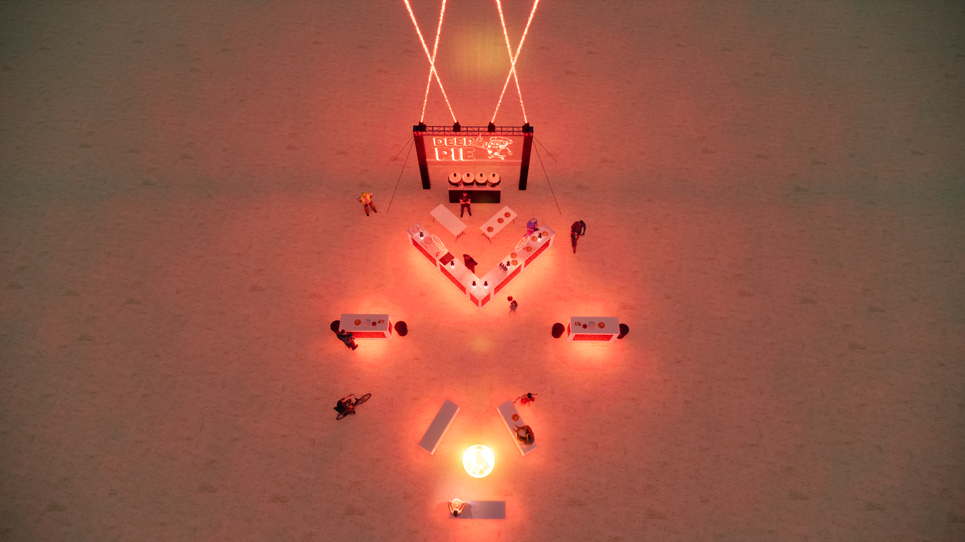 Overhead view of a beach party setup with a bar, tables, and a DJ booth illuminated by red lighting, with several people and bicycles nearby.
