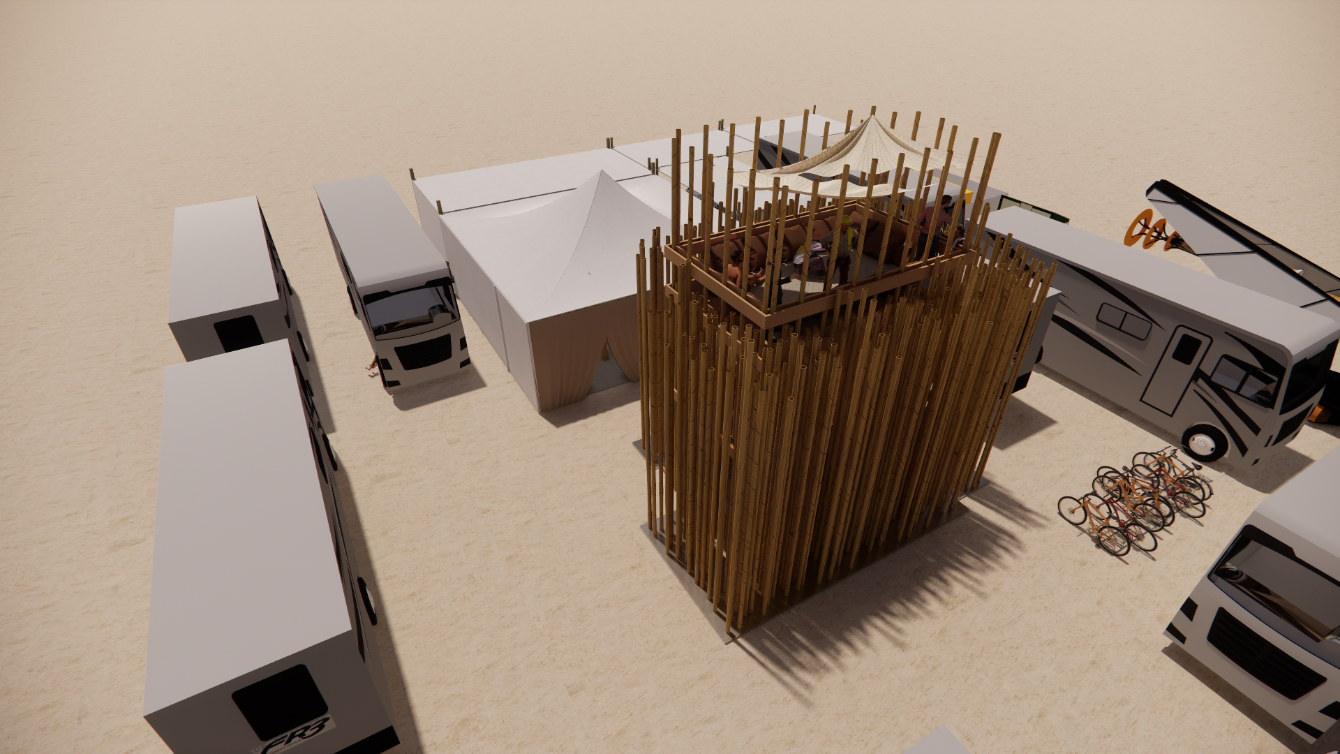 Aerial view of a wooden observation tower with people inside, surrounded by camper vans, bicycles, and a sandy area.