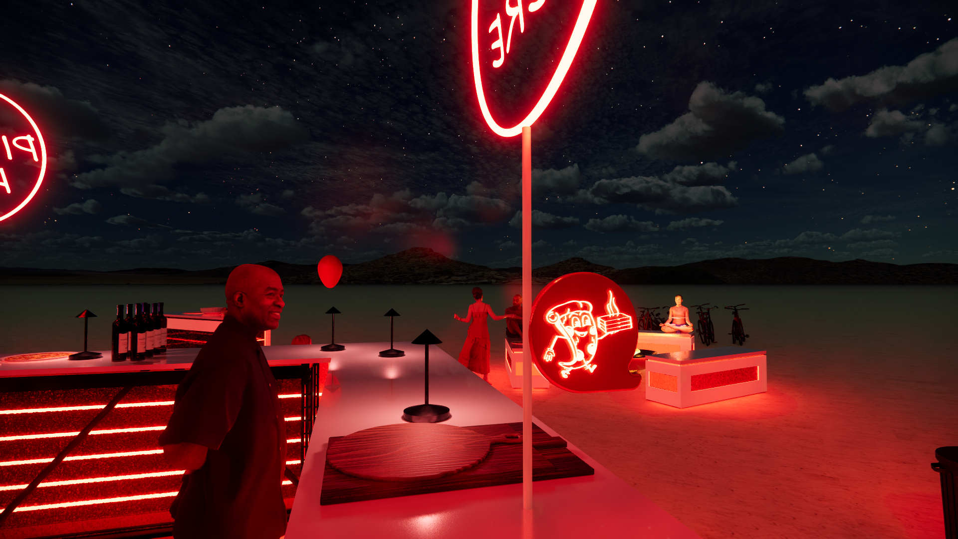 People enjoying a nighttime outdoor gathering by a body of water, illuminated by neon red signs and lights. There are tables, bicycles, and a person sitting in a meditative pose.