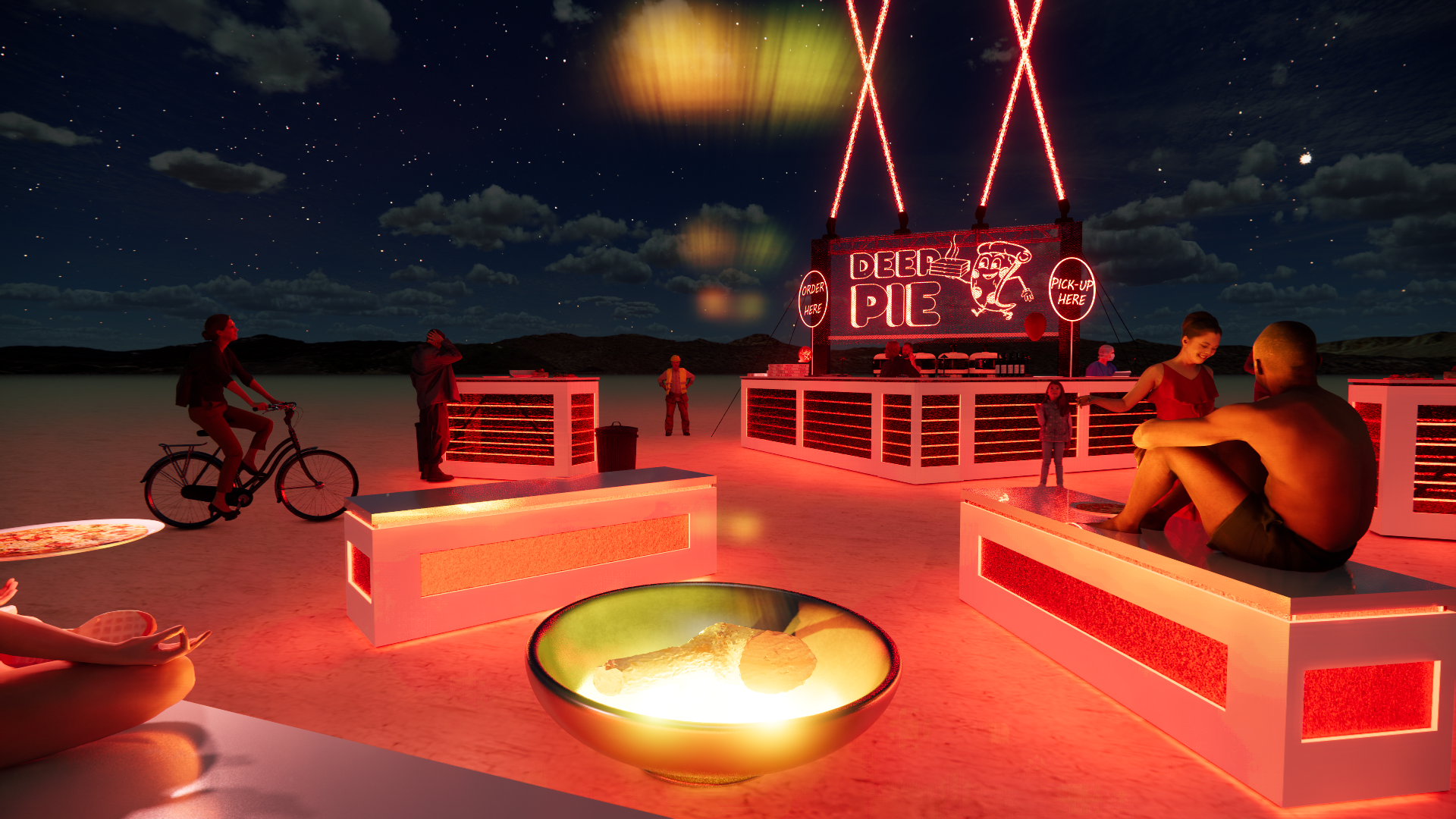 Night scene of a desert outdoor food stand with neon sign reading 'Deep Pie' and 'Order Here' and 'Pick-Up Here.' People are sitting on modern white benches, a girl smiling and talking to a shirtless man, a person riding a bicycle, and others standin