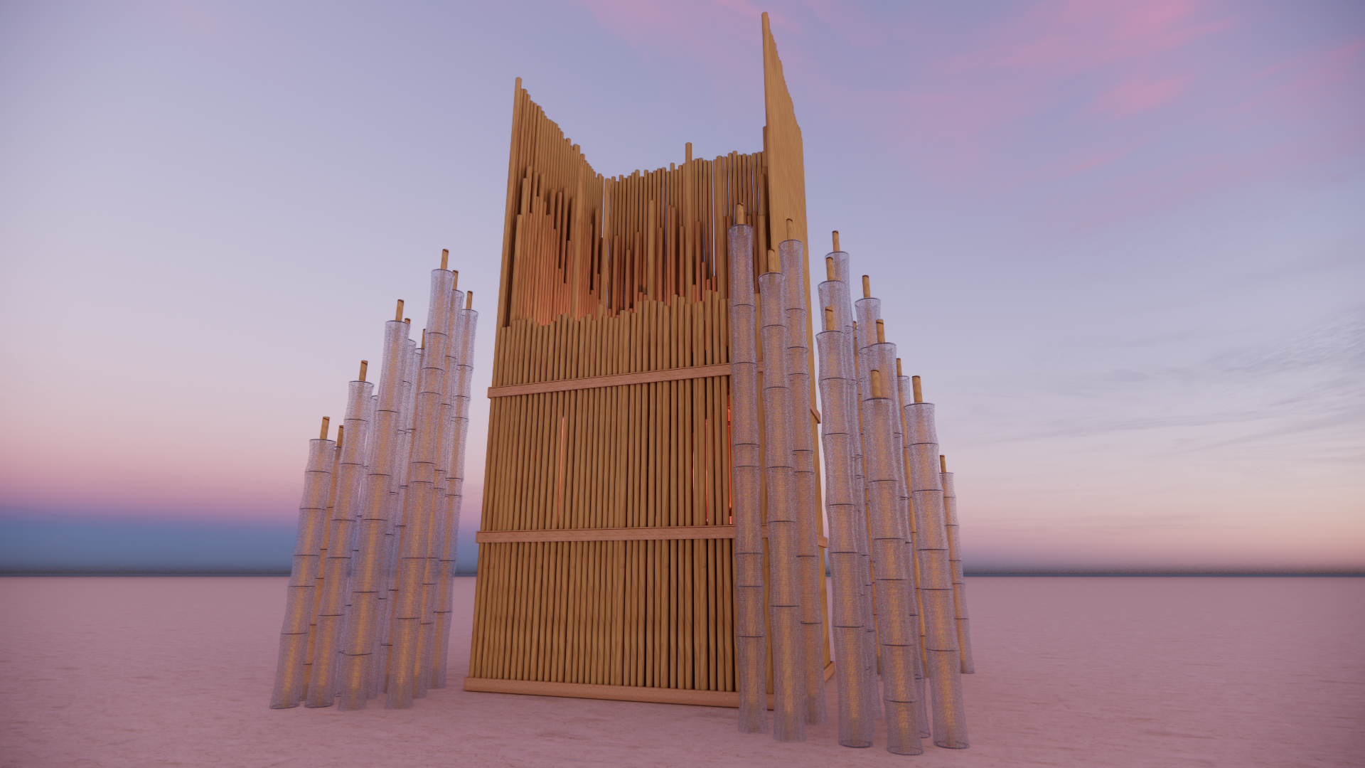 A tall wooden sculpture with vertical wooden slats and cylindrical bamboo poles arranged around it during sunset.