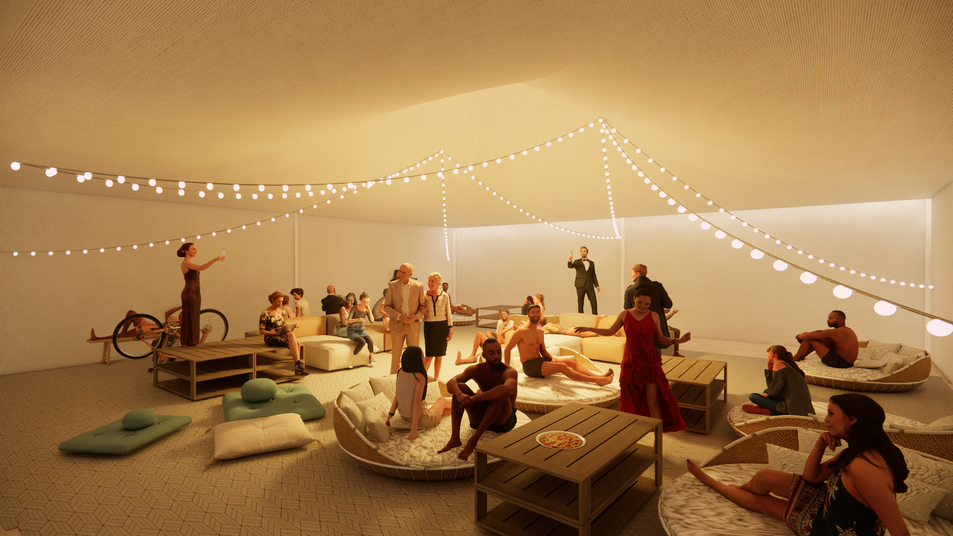 An indoor party with people socializing and relaxing on cushions and loungers, decorated with hanging string lights and featuring a woman standing on a wooden platform singing or speaking into a microphone.