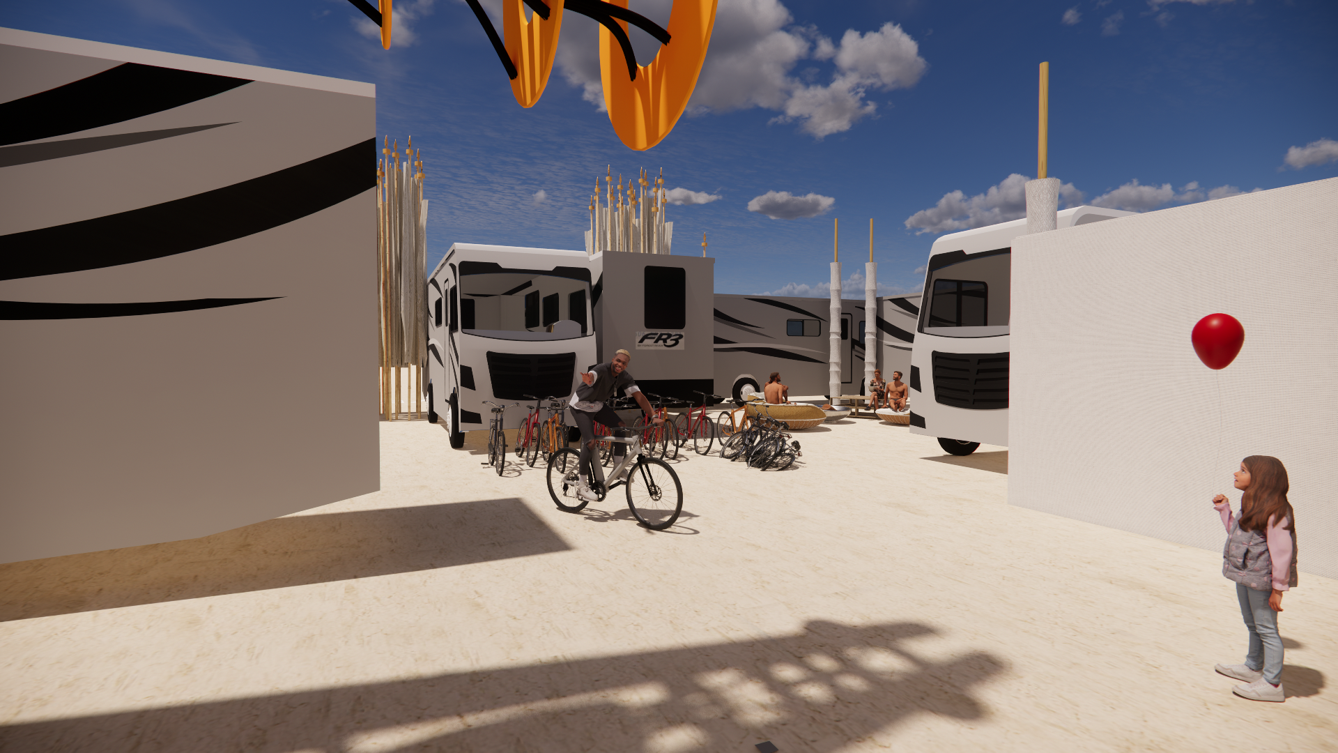 An outdoor scene with multiple recreational vehicles, bicycles, and people relaxing under a partly cloudy sky with palm trees in the background.