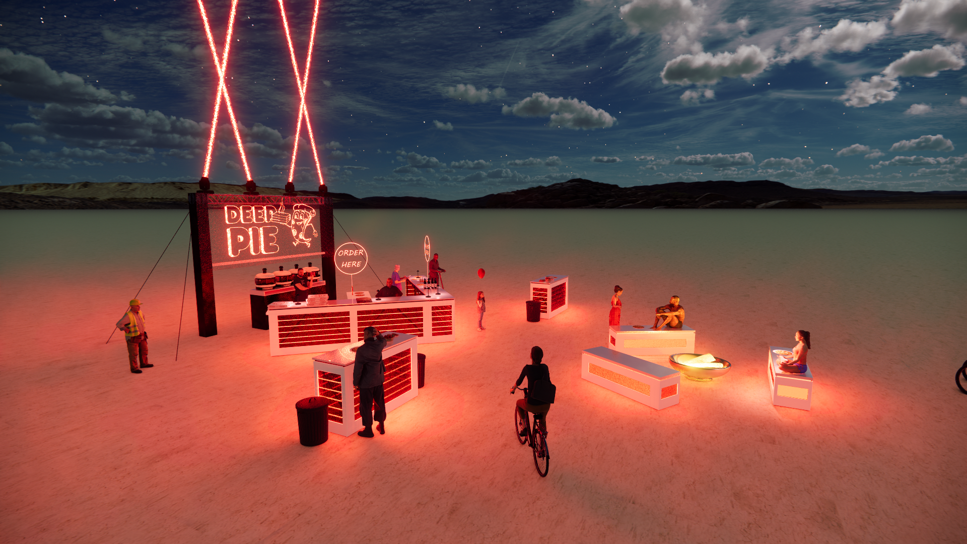 Night scene of a temporary food stand on a beach with a bright red neon sign that reads 'Deep Dish' and a smaller sign 'Order Here.' The stand has several staff members preparing food and several customers, some sitting and others standing nearby. Re