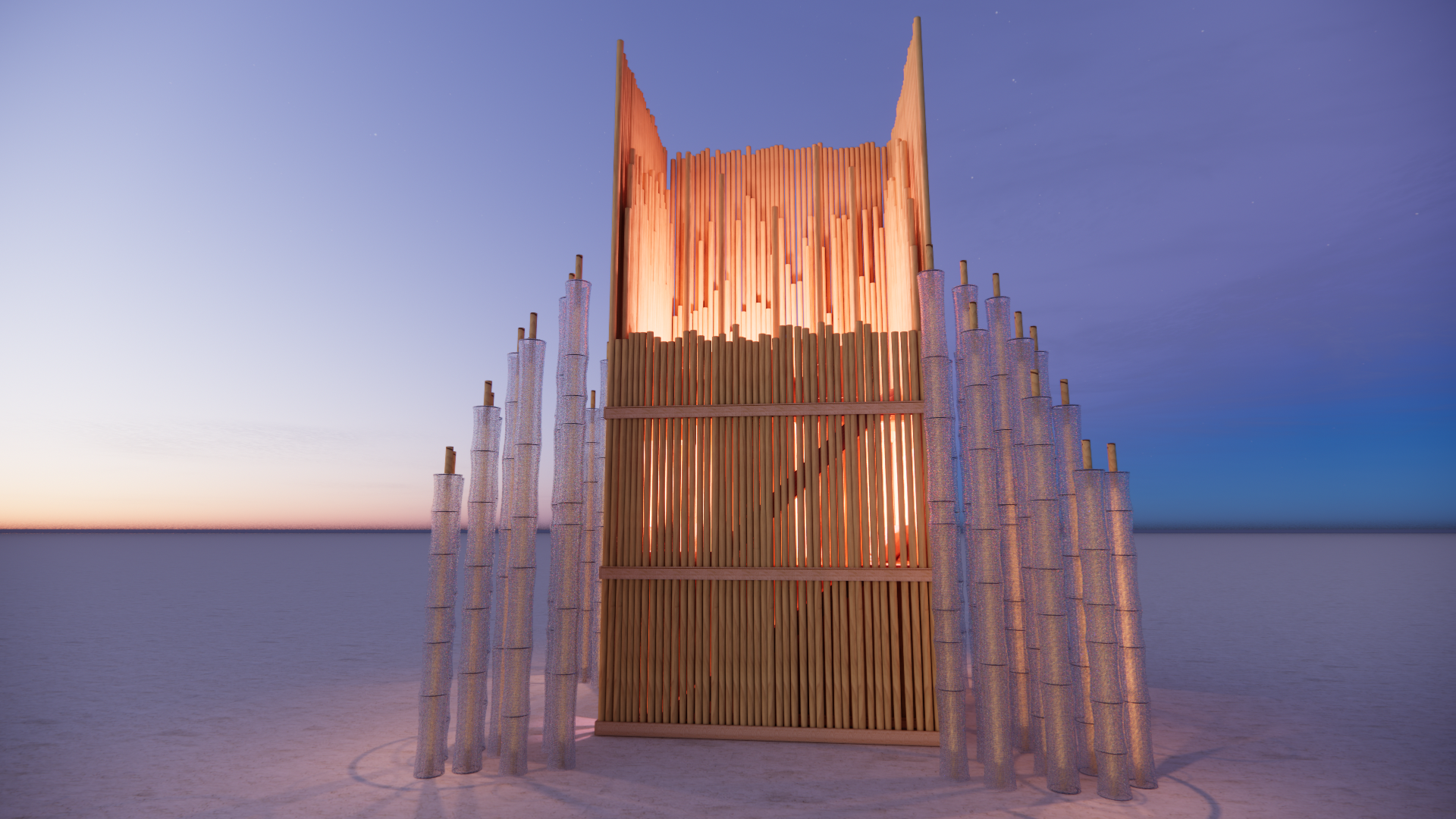 A modern outdoor fireplace made of vertical wooden slats with an illuminated interior, surrounded by tall, cylindrical, clear glass candle holders, against a twilight sky.