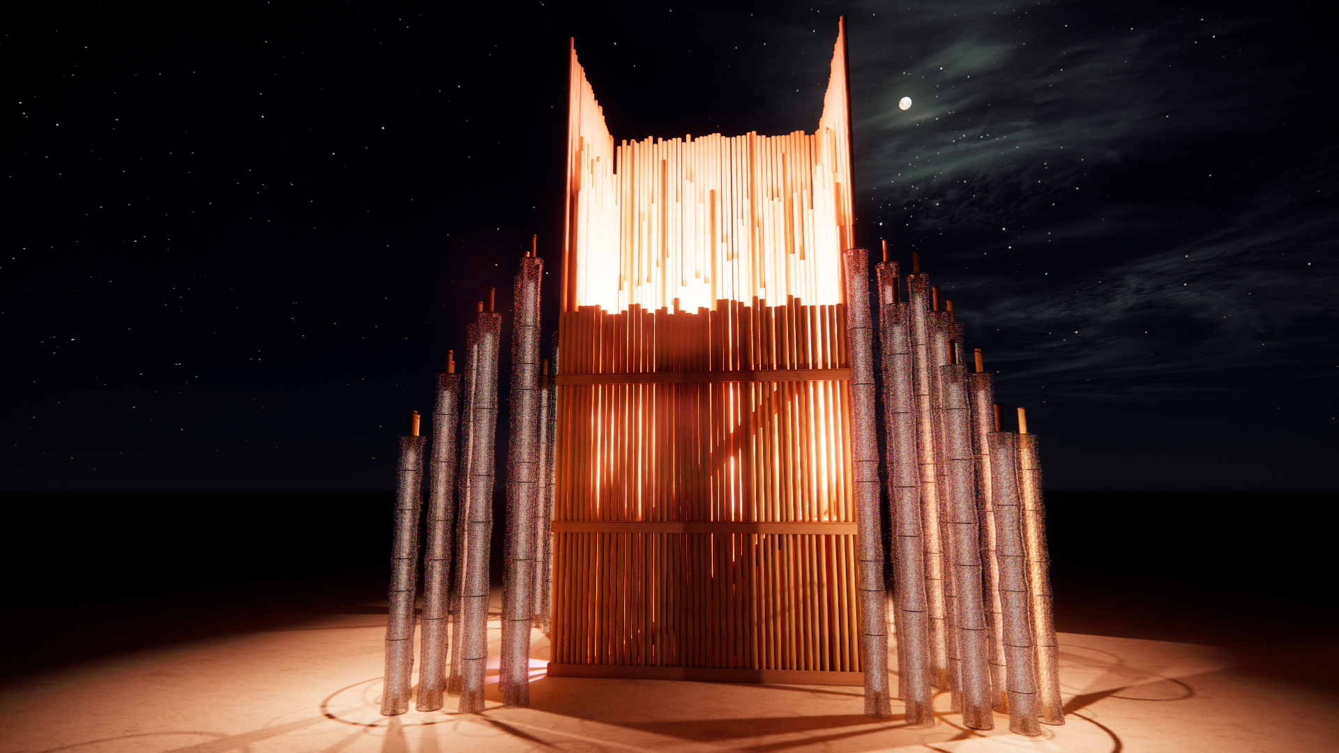 Nighttime view of an art installation made of vertical glowing wooden slats and cylindrical metal pipes, illuminated from below, with a starry sky and moon in the background.