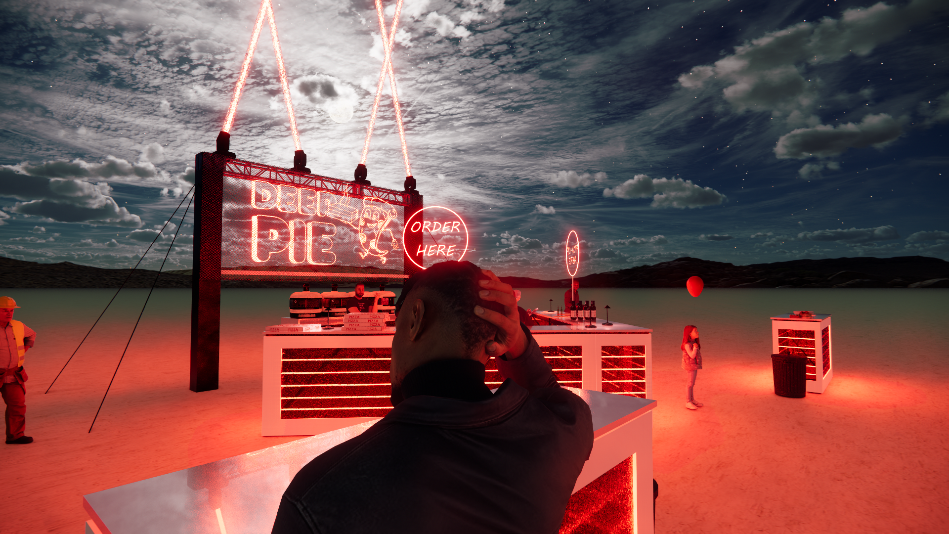 Night scene at a desert with neon signs for a pizza stand, including a sign that says "DEEP PIZZA" and a circular sign reading "ORDER HERE." People are present, with one person in the foreground holding their head, and a person in a yellow vest stand