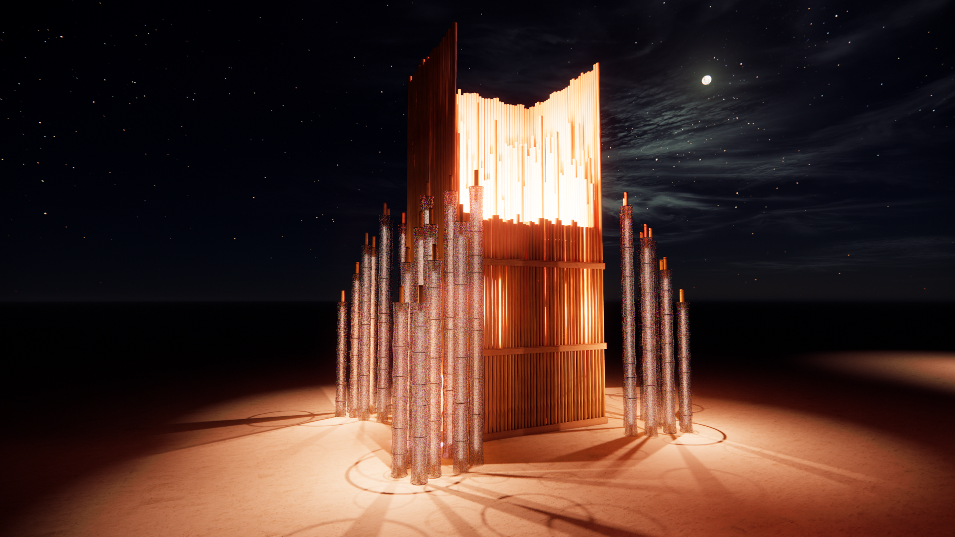 A modern sculpture lit in the night sky with stars and a full moon, composed of illuminated vertical rods and cylindrical pillars arranged symmetrically.
