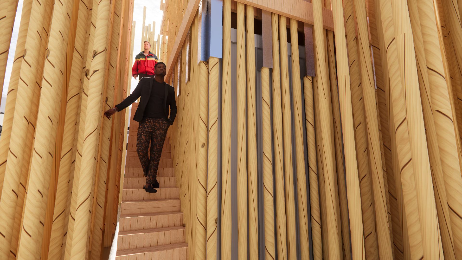 Two women walking down a wooden staircase inside a modern building with tall, vertical wooden slats on the walls. One woman is wearing a black outfit and patterned pants, and the other is wearing a red and black jacket with black pants.