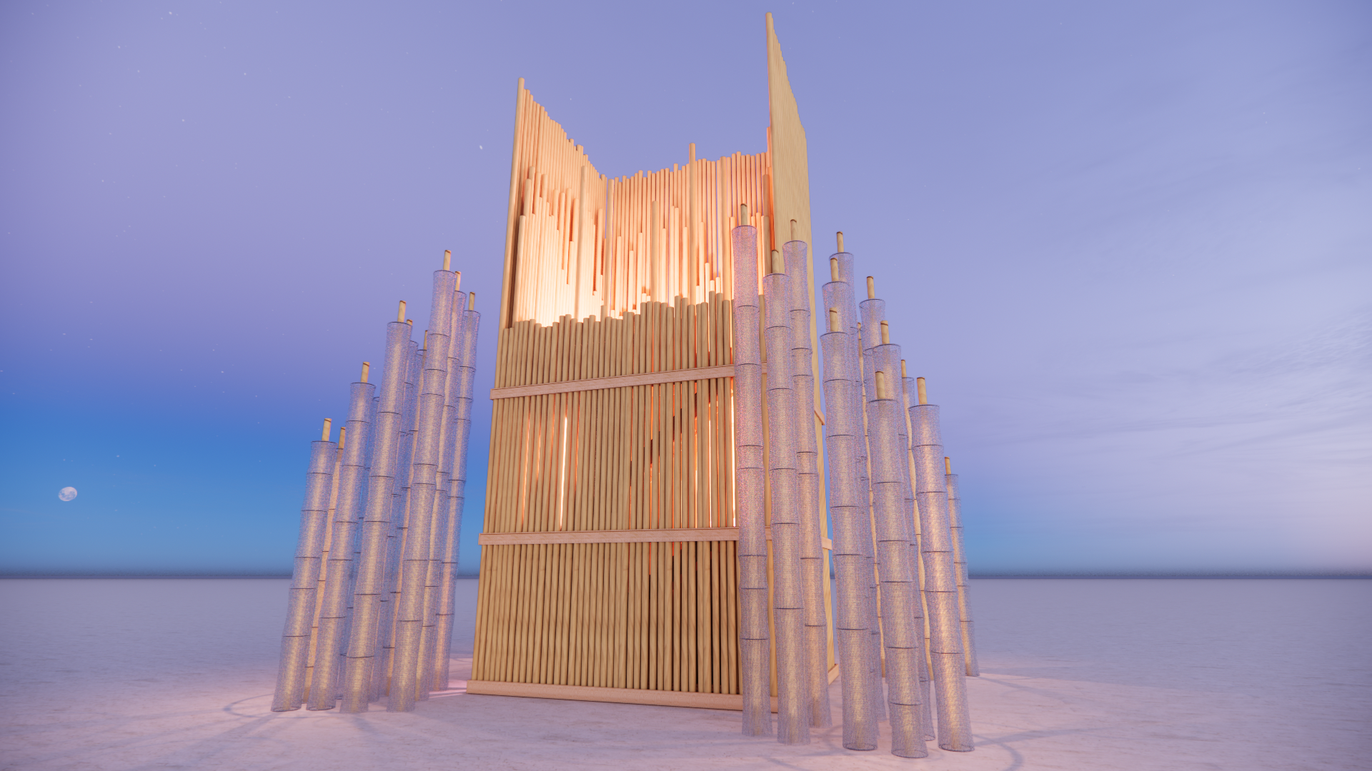 A large outdoor art installation made of vertical wooden slats and bamboo poles, illuminated against a twilight sky with stars and the moon visible in the background.