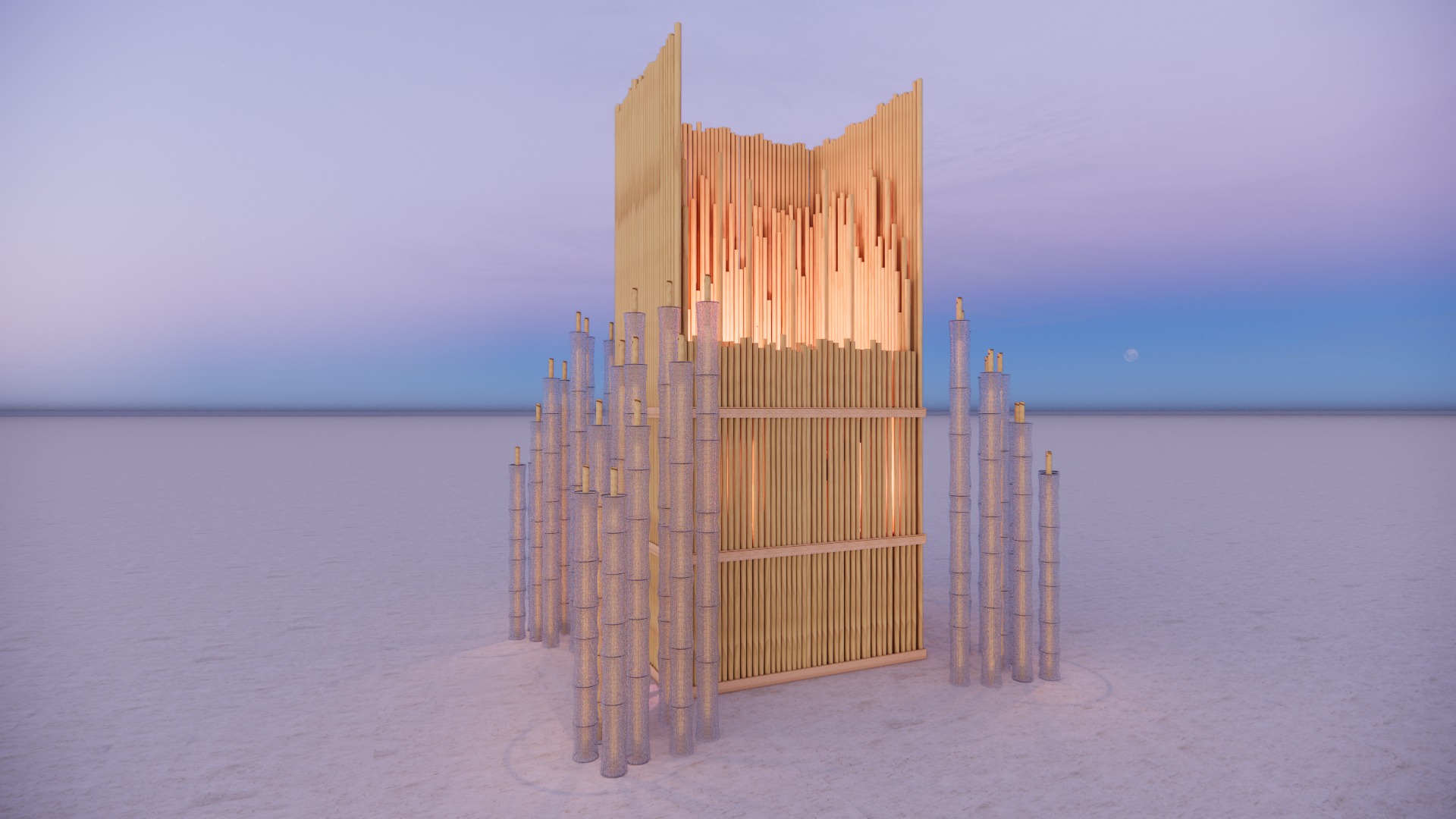 A modern architectural sculpture made of vertical wooden and glass components, reflecting in water, with a twilight sky and a visible moon in the background.