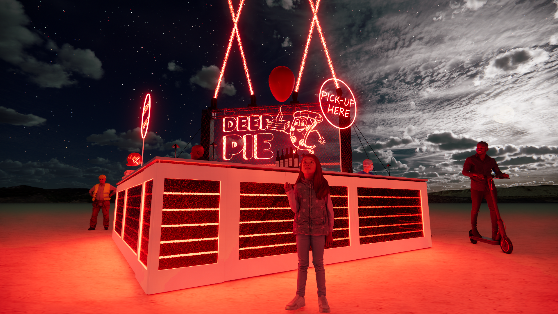 Nighttime scene with a neon-lit deep dish pie stand labeled 'Deep Pie' and a cartoon chef logo, featuring neon signs that say 'Pick Up Here.' A young girl stands in front of the stand looking up, while two people, one on a scooter and another standin