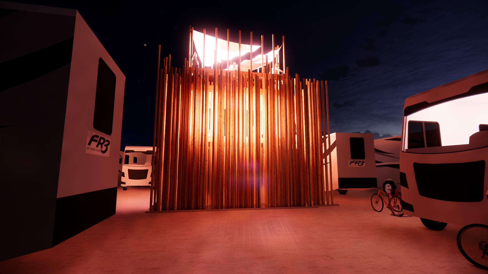 Night scene at a campground with a wooden structure illuminated from within, featuring tall vertical wooden slats and a flag on top. Surrounding the structure are multiple RVs, a bicycle, and a bicycle helmet, with a dark sky overhead.