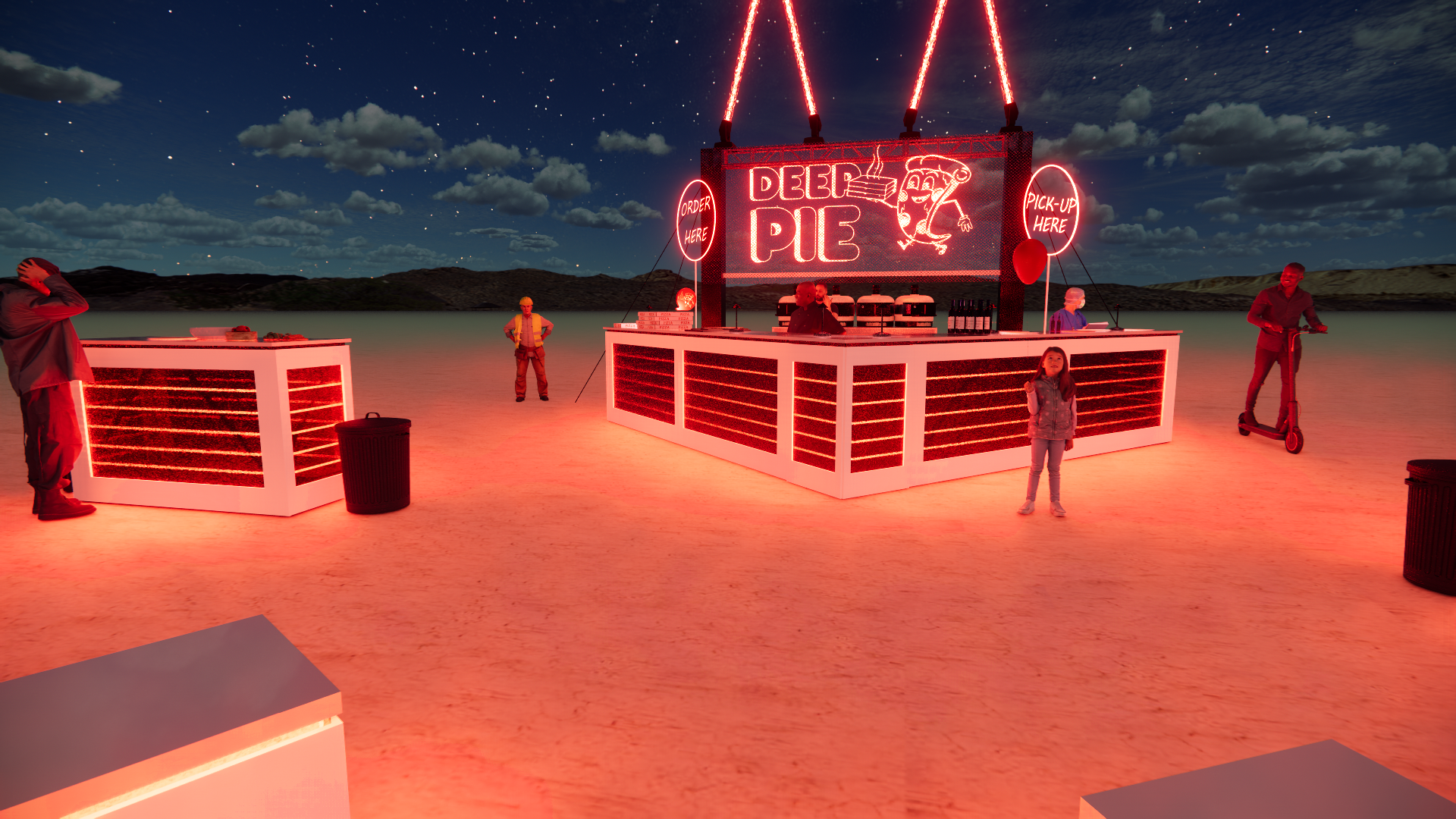 Nighttime scene featuring a brightly lit food stand advertising deep dish pizza with neon signs, some people around, a person riding a scooter, and a girl standing near the stand, set against a starry sky and mountains in the background.