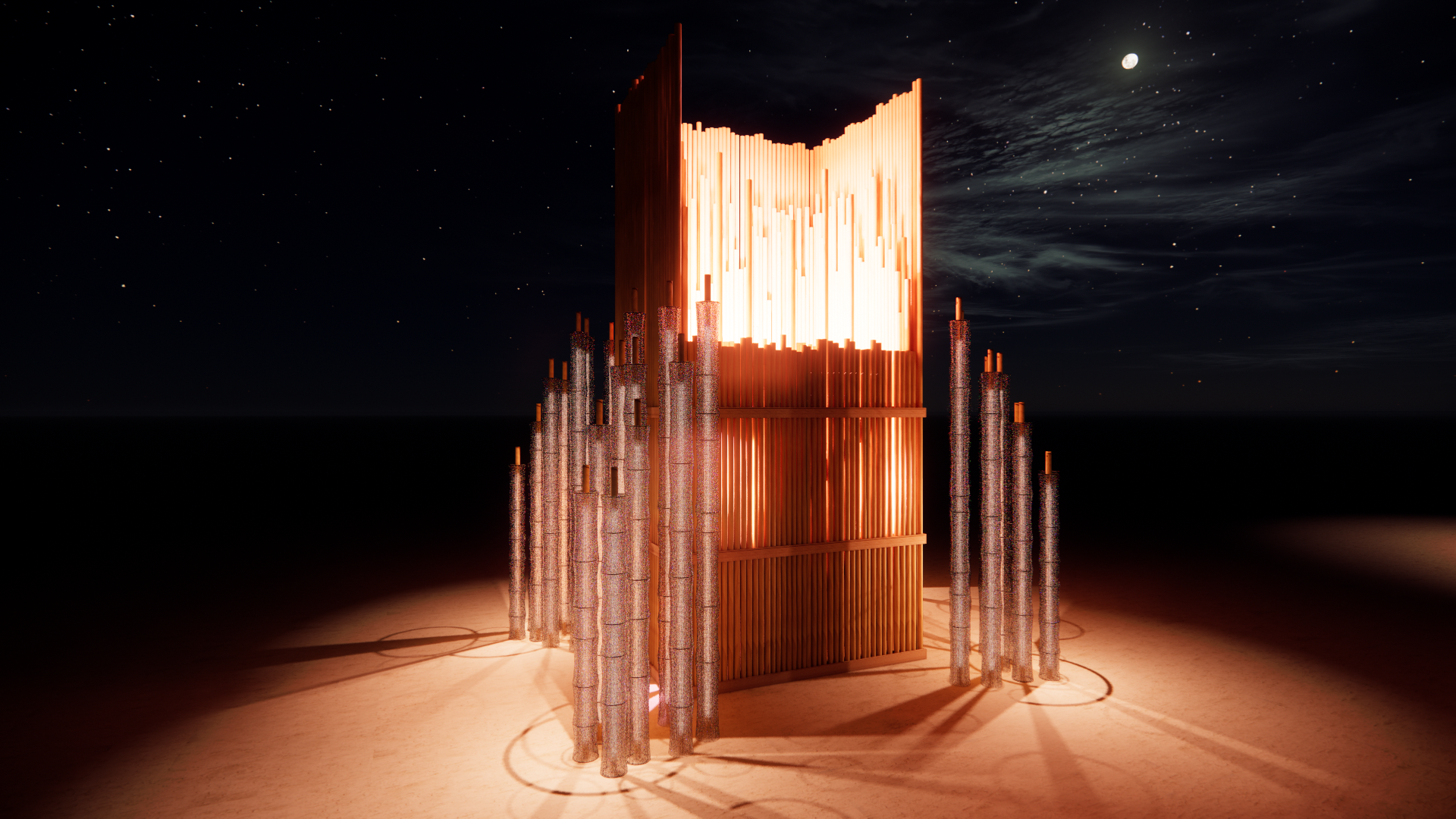 A modern architectural sculpture featuring illuminated vertical orange panels and cylindrical metallic columns, set against a night sky with a visible moon and stars.