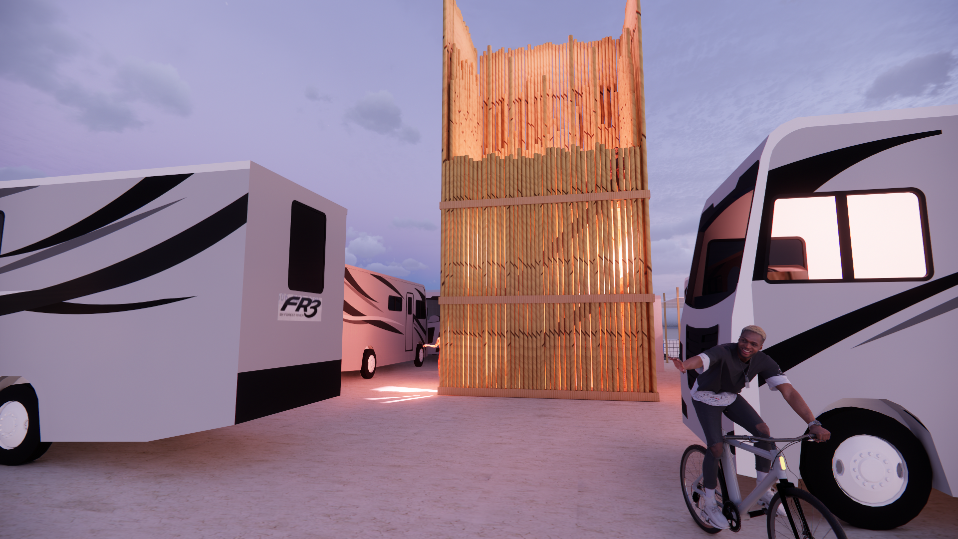 A person riding a bicycle in front of two recreational vehicles parked near a tall wooden structure. The scene is outdoors with a cloudy sky.