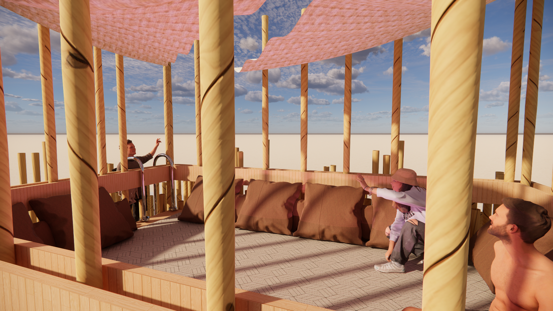 Rendering of an outdoor rooftop lounge area with cushioned seating, surrounded by tall wooden poles and pink fabric shade sails, under a blue sky with scattered clouds.