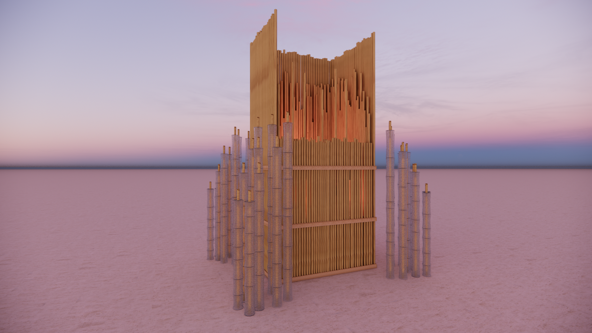 A modern outdoor art installation composed of tall, vertical wooden slats arranged in a wave-like formation, reflected in a shallow, pink-hued water surface during sunset, with a soft pink and purple sky in the background.
