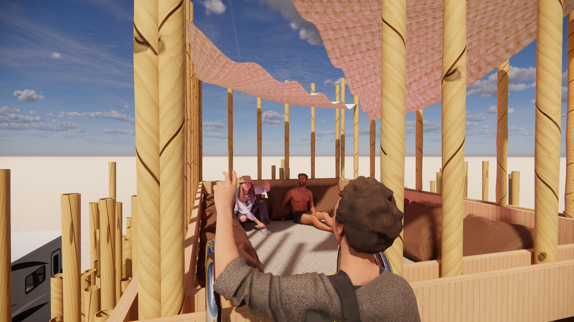 Computer-generated image of a partially constructed wooden structure outdoors under a blue sky with clouds. Inside the structure, two people are sitting on a couch, and another person is taking a photo with a smartphone. The structure has vertical wo