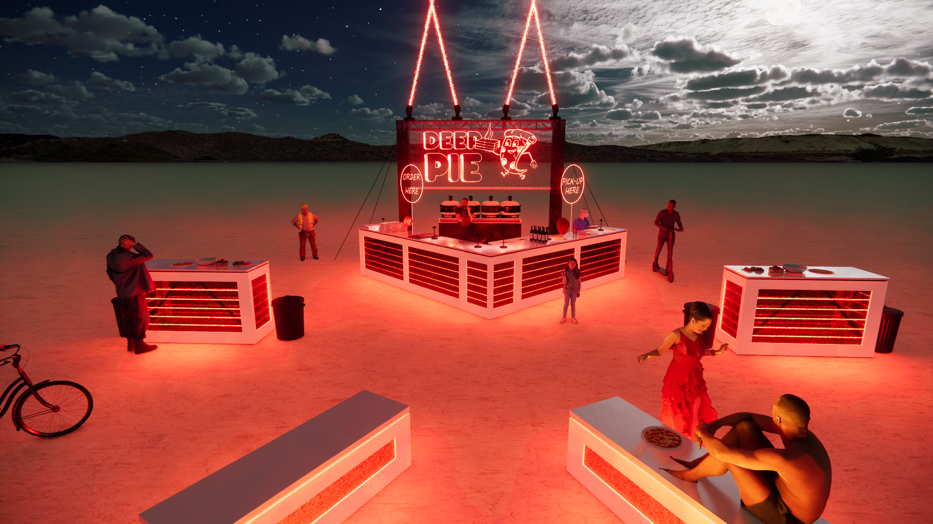 Nighttime scene at a neon-lit outdoor pie stand on a beach with a cloudy sky, several people, some eating, some standing or riding scooters, and a birthday girl in a red dress. The stand has a neon sign saying 'Deep Pie' with slices of pizza and sign