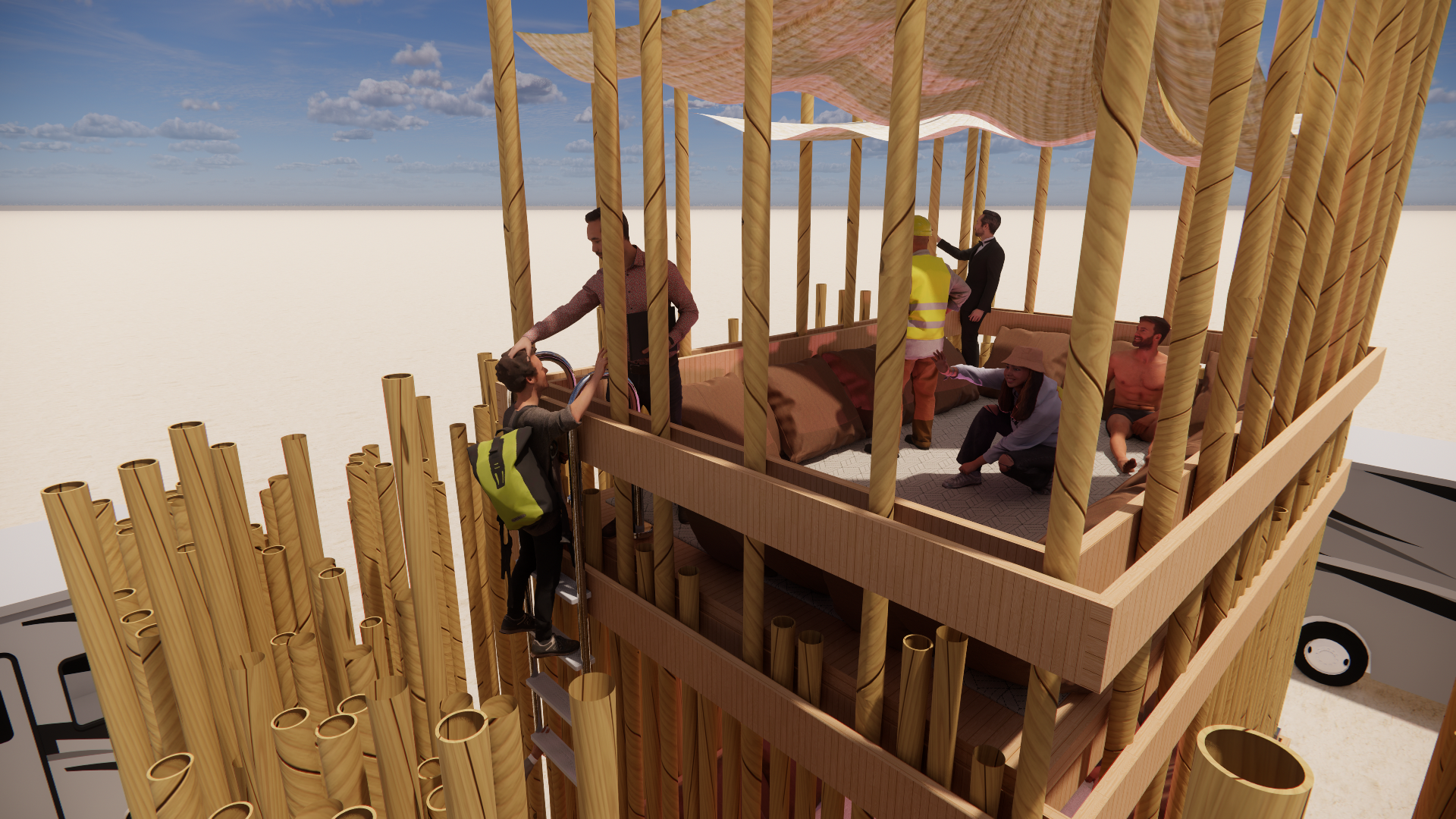 A wooden hot air balloon-shaped structure with vertical sticks and a seating area inside, being attended to by multiple people, including some in safety vests, in an open outdoors setting under a blue sky with clouds.