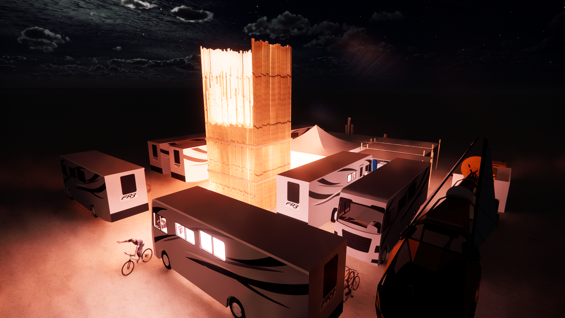 Nighttime scene of a construction site with a large illuminated wooden structure in the center, surrounded by camper trailers, trucks, and a crane.