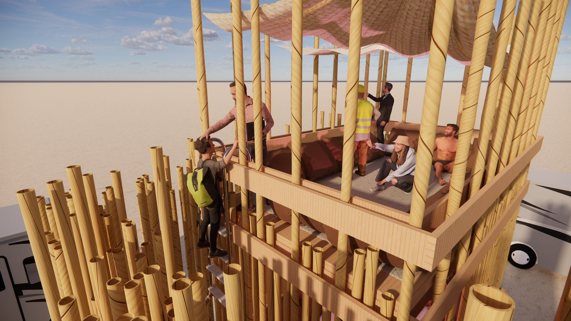 A wooden hot air balloon structure with people inside and outside, some sitting and others standing, on a flat surface with a cloudy sky in the background.