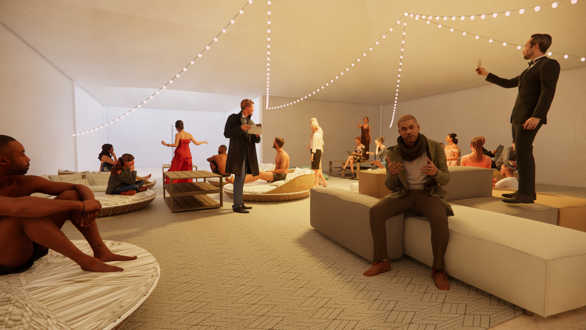 People relaxing and socializing in a modern indoor lounge with string lights, some sitting on beds and couches, others standing or dancing in semi-formal attire.