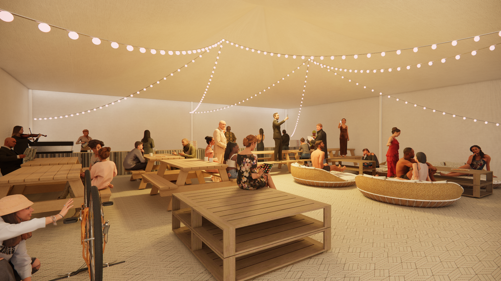 An indoor event space with string lights on the ceiling, filled with people sitting and standing around tables, some playing musical instruments, enjoying conversations, and watching a performance on a makeshift stage with a man in a suit taking phot