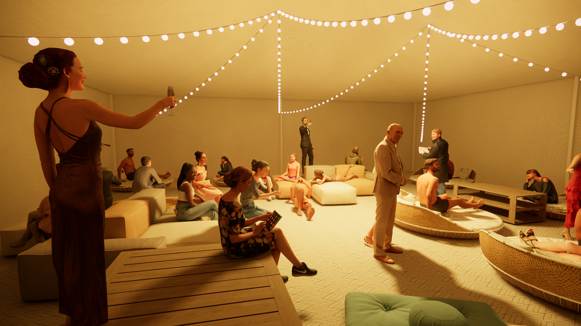 Indoor gathering with people sitting on couches, standing, and engaging in conversations, illuminated by hanging string lights.
