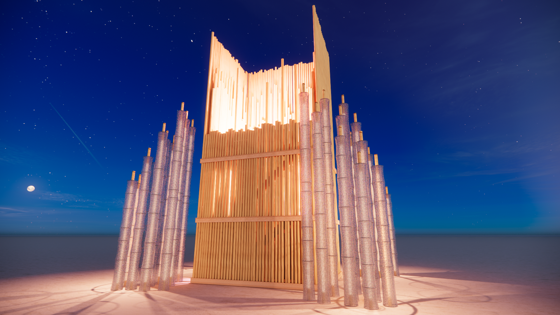 A wooden and metal art installation outdoors under a starry night sky with the moon visible to the left. The structure features vertical wooden slats forming a tall, geometric shape, surrounded by cylindrical metal tubes.