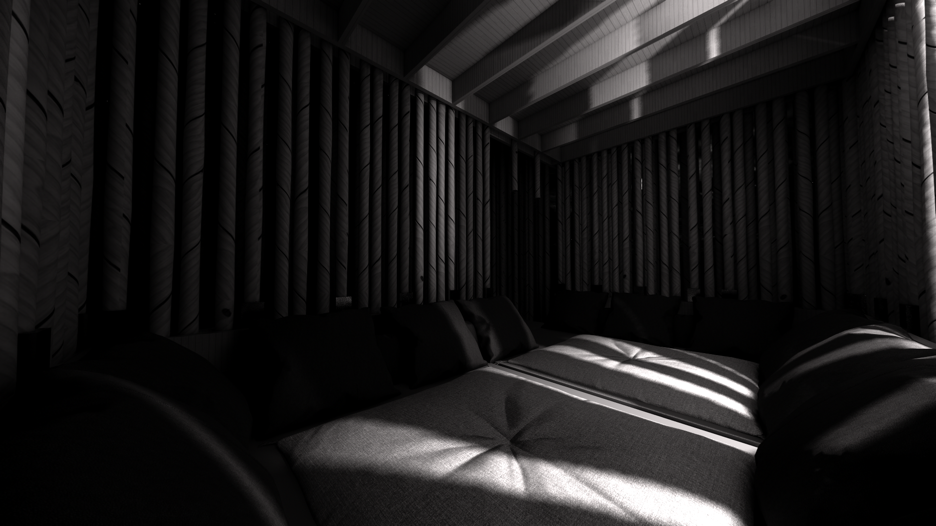 A room with dark patterned vertical wall panels and sunlight streaming through a window, creating stripes on a gray cushioned seating area.