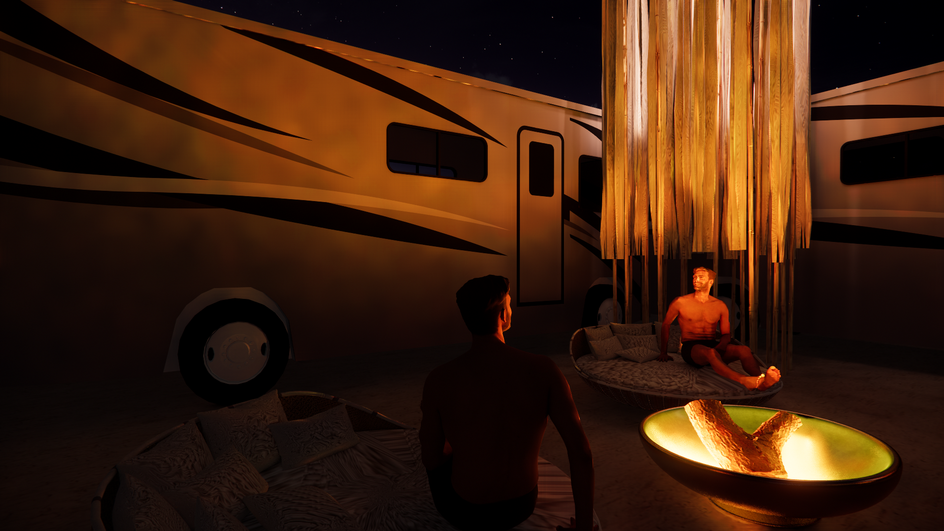 Two men sitting around a campfire outside at night near an RV, with a wooden structure and starry sky in the background.