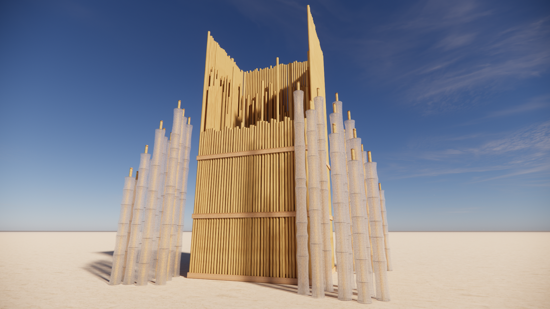 A modern architectural structure made of vertical wooden elements with a large central section and surrounded by vertical concrete columns, set against a clear blue sky.