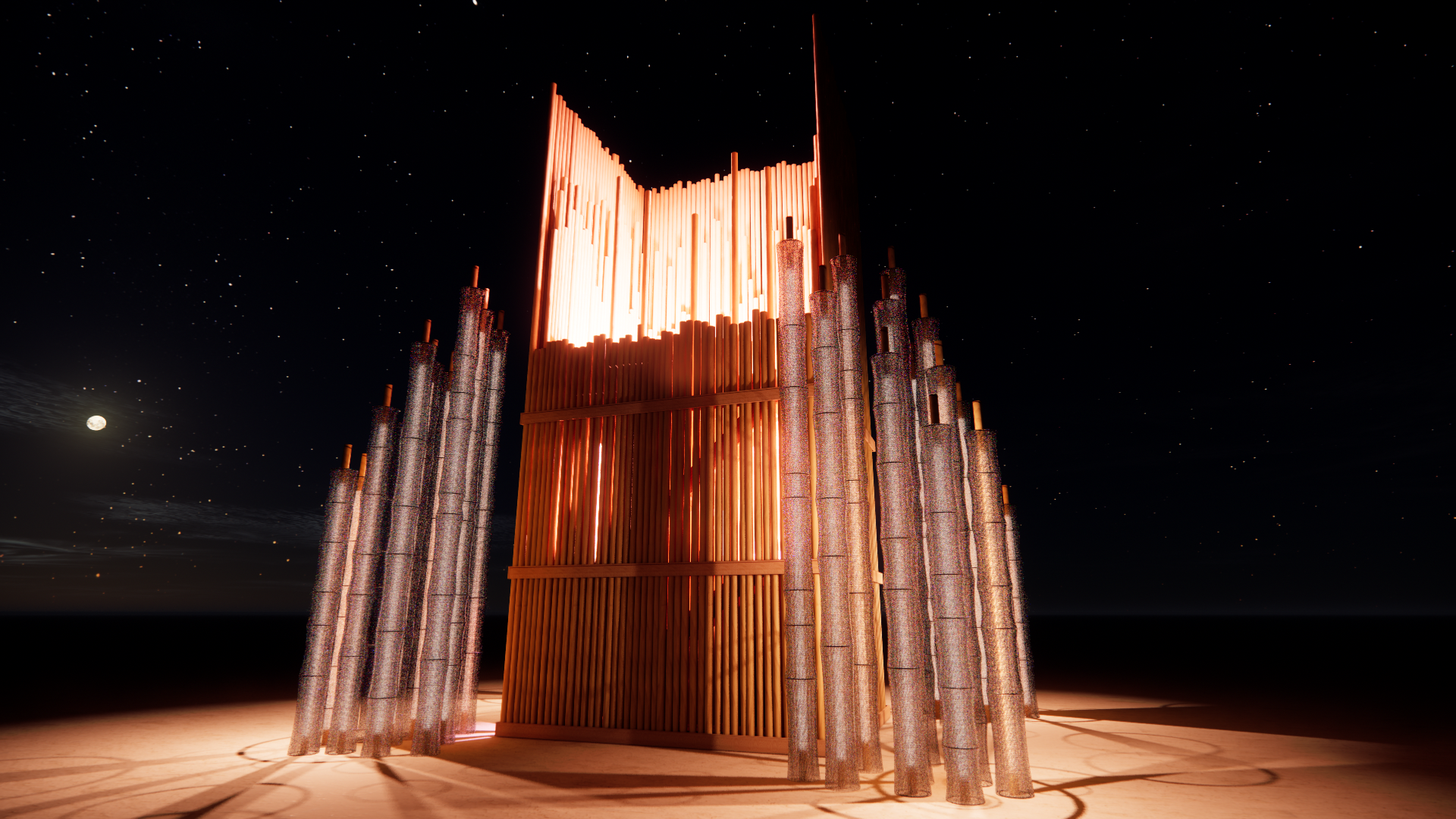 A modern architectural sculpture resembling a musical instrument, with a wooden frame and glowing vertical pipes, set against a starry night sky with the moon in the background.