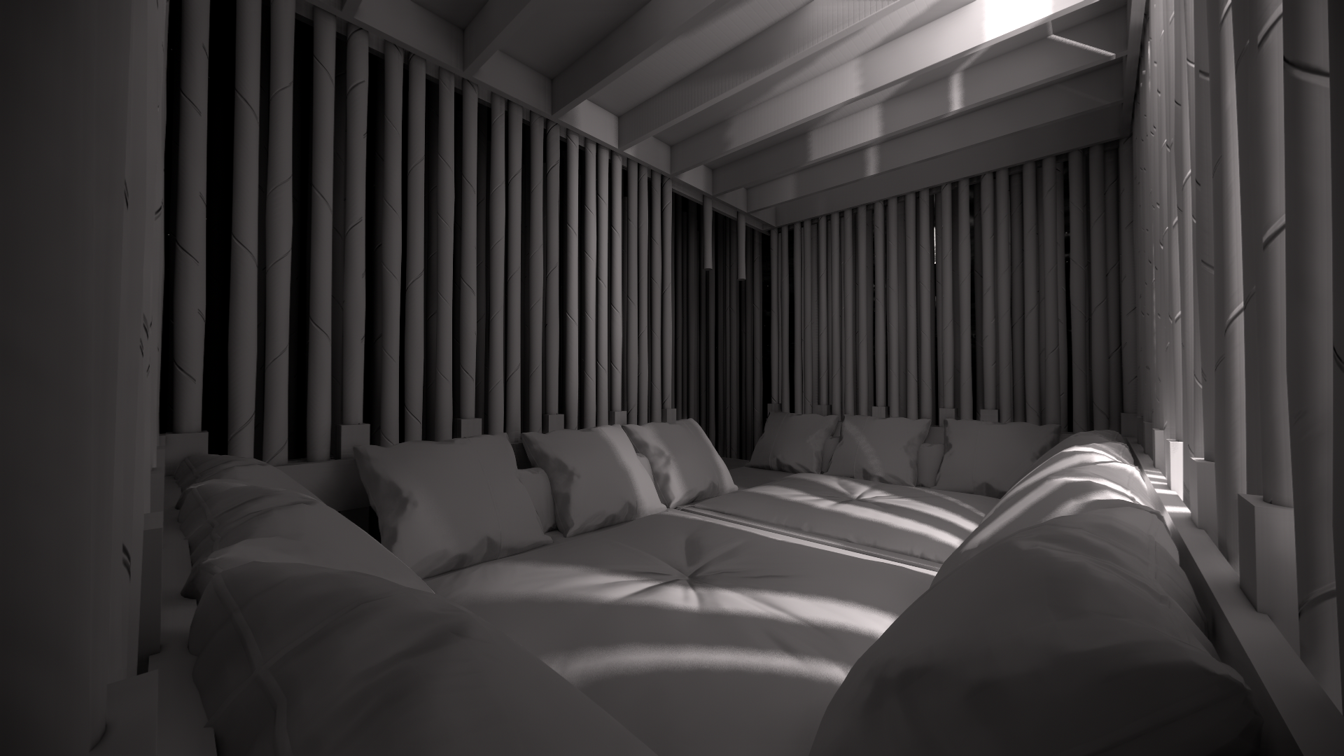 A modern bedroom with a built-in bed surrounded by vertical wooden slats and pillows, featuring an overhead beam ceiling and natural light casting shadows.
